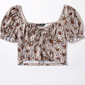 Butterfly & Leopard Print Puff Sleeve Tie Front Ruched Bust Top